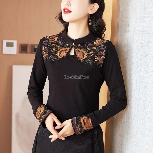Ethnische Kleidung 2024 Chinesische Cheongsam Stand Halsbasis Hemd Frauenstil Retro Spring Slim T-Shirt Sticked Long Sleeve Top W253