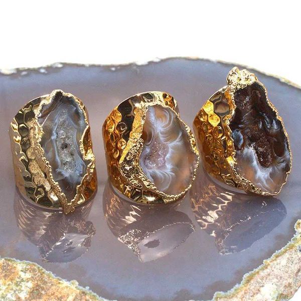 Ringos de banda Anel Age Pedaço artesanal por drusas eletroplatou com pedra de ouro sem estilo de pedra natural brasileira