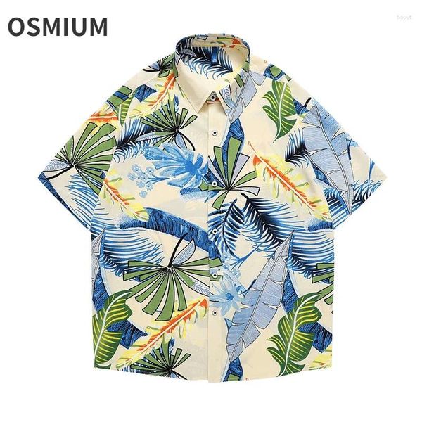 Camisas casuais masculinas Camisa de seda de gelo Homens de verão Impresso Floral Plus Size Holida Japonês elástico listrado de manga curta Graffiti havaiano