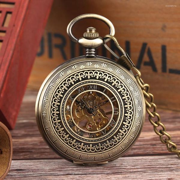 Taschenuhren Bronze Manuelle mechanische Uhr Männer Römische Ziffern Transparent Hohlmuster Vintage Fob Kette Zeitmesser Geschenk Männlich