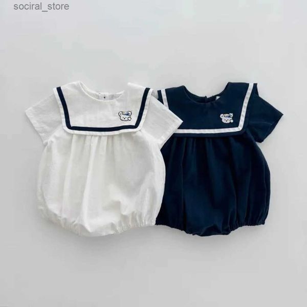 ROMPERS Baby Girl Sailor Kragen Bodysuit Sommer Neues Kind Kurzarm Jumpsuit Süßes Neugeborenes Kleinkind Fashion Navy Kragen Kleidung 0-24m L240402