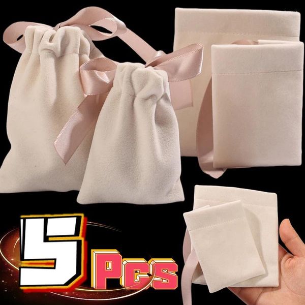 Sacchetti per gioielli 5 pezzi Confezione regalo in velluto beige Borsa con cordoncino regolabile con fiocco Collana Bracciale Orecchini Borse portaoggetti