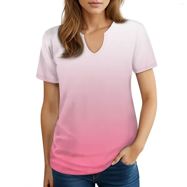 Damen T-Shirts Sommer Kurzärmele für Frauen Gradientendrucken losen lässigen V-Hals-T-Shirt-Tops Kleidungsverkauf Kurzgeschnitten