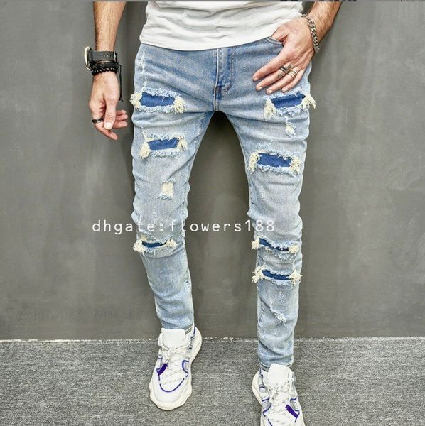 Jeans masculinos American High Street Trendy Ripped Slim Fit Lápis Jeans Men Slim Fit Fit Jeans Borderys Designs Jeans Jeans Femme