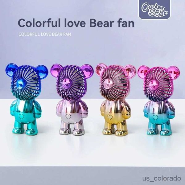 Tentários elétricos 2024 Popular desenho animado Mini Violent Bear pequeno ventilador segurando um fã de gradiente recarregável portátil de três velocidades USB