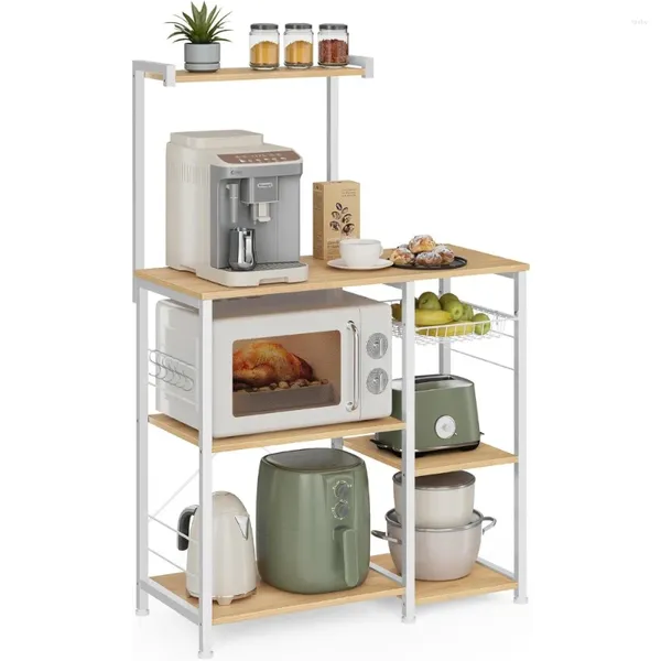 Rack de armazenamento de cozinha com cesta de arame 6 ganchos e prateleiras para especiarias panelas PANS OAK BEIGE Classic White