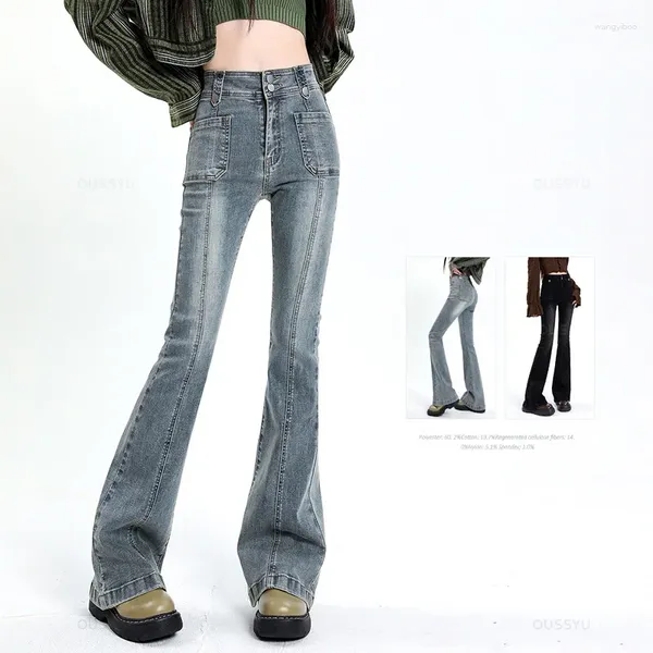 Damen-Jeans, ausgestellt, für Damen, Vintage, hohe Taille, schlank, Stretch-Denim, enge Hose, koreanischer Street-Style, Freizeithose, Überlänge