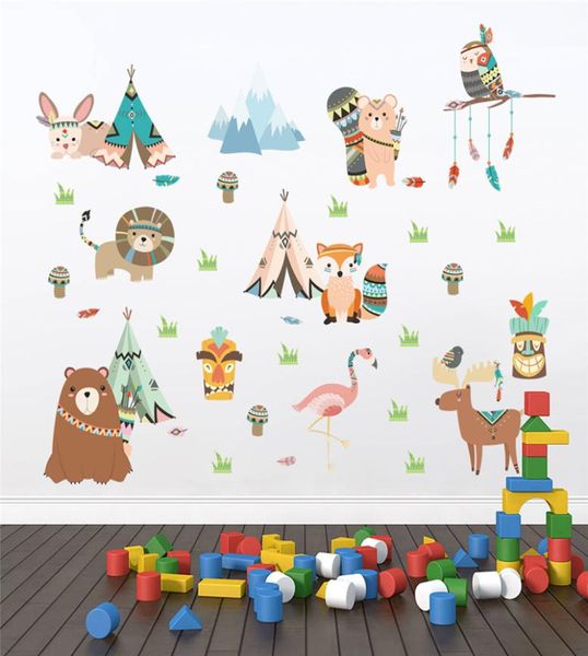 Animais engraçados Tribo indiano adesivos de parede para crianças Decoração de casa Decoração de desenho animado Lion Bear