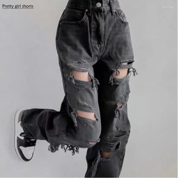 Frauen Jeans 2024 Frühlings-/Sommer hohe Taille Ganzgelöcher modische schlanke fit gewaschene Wasser -Jeanshose für Frauen gerissen