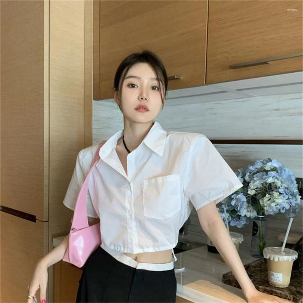 Damenblusen 2024 Sommer weiße abgeschnittene Bluse Frauen Schnürung Umlegekragen Weibliches Crop Top Koreanische Mode Lose Kurzarmhemd