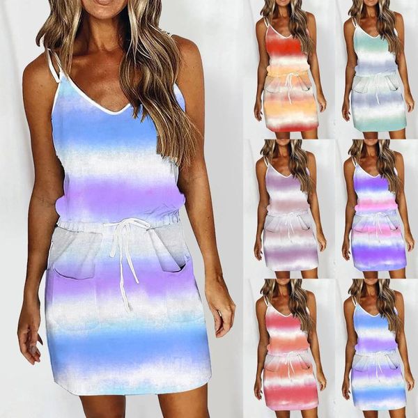 Lässige Kleider Frauen Sommer ärmellose Mini-Kleid Riched Draw String Mode Streifen Print Vestidos Holiday Beach Party V-Ausschnitt Sundress