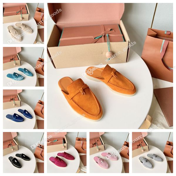 LORO Piano Summer Charms embelezados camurça de camurça Slippers Luxe Lounge Mule Sapatos de Mula Genuíno Casual Slip-On Flats para Mulheres Designers de Luxo calçados de fábrica