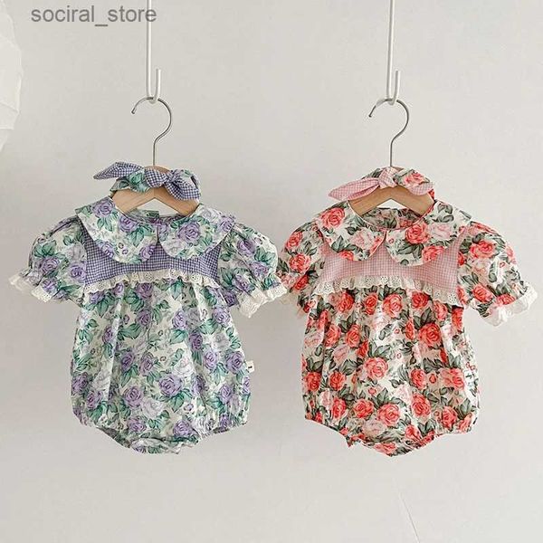 ROMPERS 0-3YRS GIRLS ROMPERS Sweet Blumen bedruckte Overall Summer Lace Baby Girls Puff Ärmel Strampler + Haarband Girls Blumen Kleidung L240402