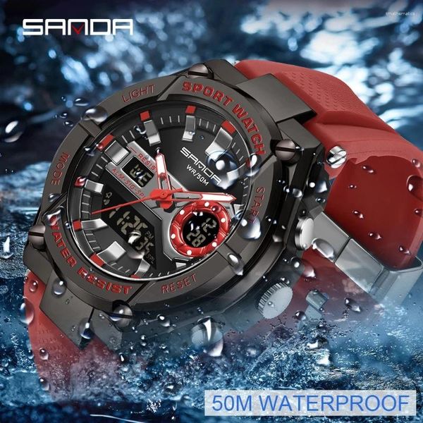 Relógios de pulso Sande Sports Display Dual Watch for Men Led Quartz Digital Relógios à prova d'água Homem Men Stopwatches Student Relógio Juventude