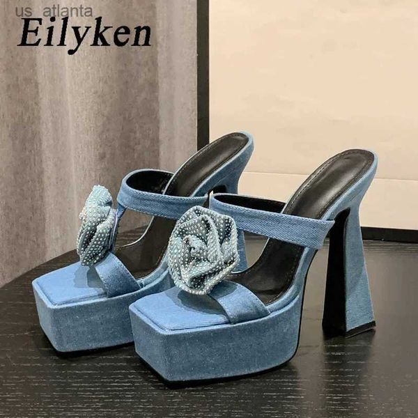 Kleiderschuhe Denim Super High Heels Frauen Pantoffeln Fashion Design Crystal Blume Peep Zehen Gladiator Sandalen Objektträger Sommer H240403