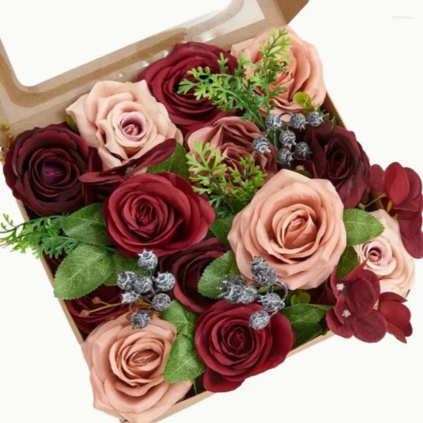 Dekorative Blumen künstliche Kombination Rosen - Dely Hochzeit Braut Bouquetcenterpieces -Burgundy Dusty Rose Blume mit Stamm Wohndekorationen