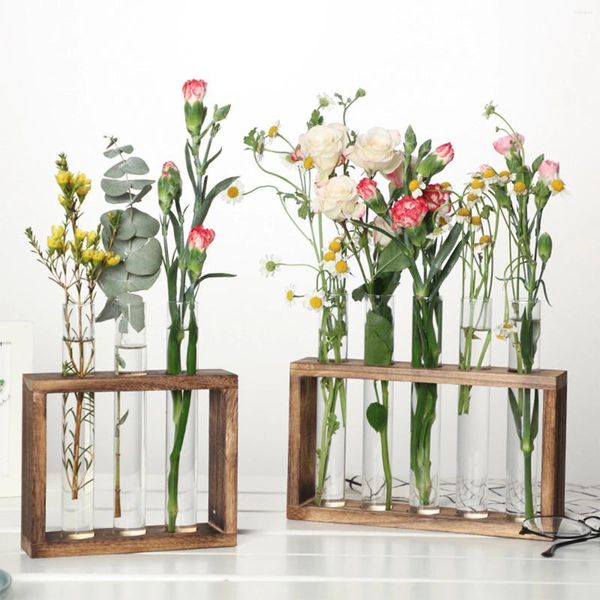 Vasos 2024 Creative 3/5 Pipes Hidropônico Plants Recipiente com moldura de madeira Vaso de teste de teste de vidro transparente para decoração de casa