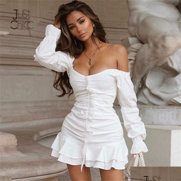 Abiti casual di base Justchicc White Summer Dress Women Pieted BodyCon Zipper Club Party Y Long Sleeve Mini Elegante Vestido Bandag Dhiep