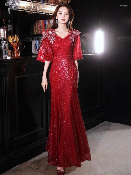 Parti Elbiseleri Şarap Kırmızı Sequin Prom 2024 Zarif Sevgilim Kat uzunluğu Uzun Denizkızı Kadınlar Özel Durumlar İçin Akşam Önlükleri