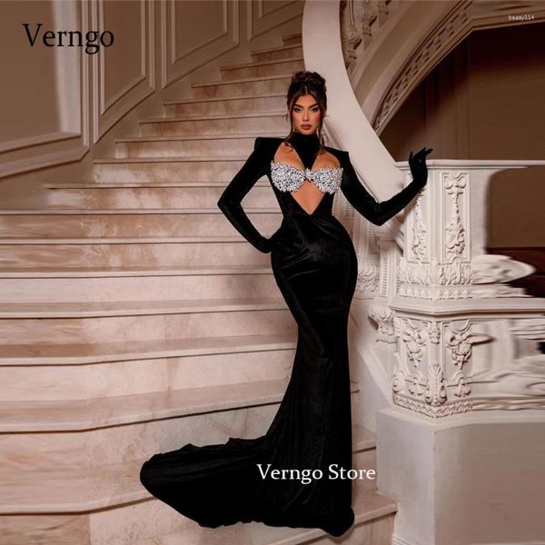 Partykleider Verngo moderner schwarzer Samt hoher Nackenabend Langarmes Handschuhe Ausgeschnittene Kristall BH sexy Dubai Promkleider