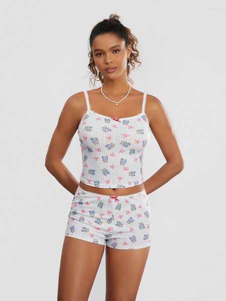 Home Clothing Y2K süße Frauen Pyjama -Sets Bogenbären Druck ärmellose Crop Cami Top und Shorts 2 PCs Sommer Loungewear für Teenager Girls