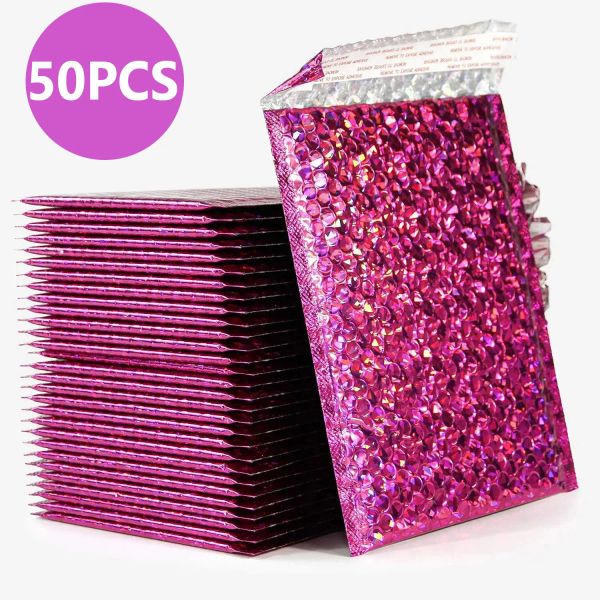 Mailer 50pcs Lieferpaket Verpackung Holographischer Mailer Packsack Laser Pink Versandtaschen Blasenumschlag Kleinunternehmen Vorräte