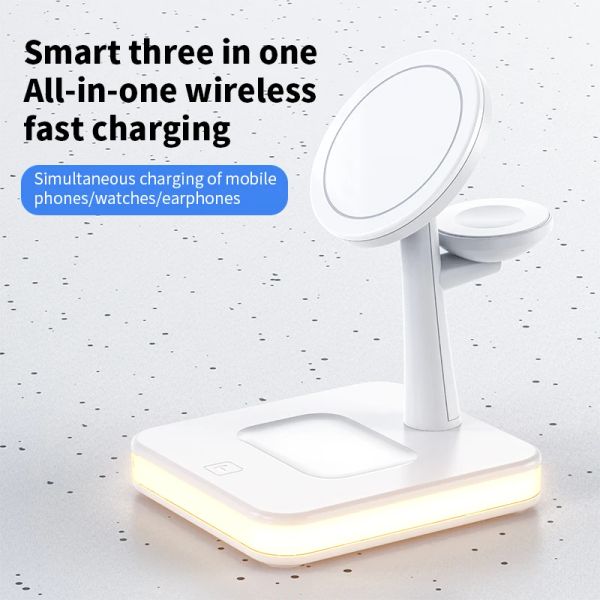 Зарядные устройства Chargers Magsafe Stand для iPhone 12/13 14 Pro 3 в 1 Магнитная беспроводная зарядная станция со светодиодным светом для Apple Iwatch Airpods