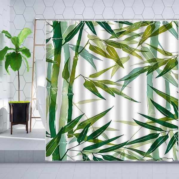 Duschvorhänge wasserdichte Badhand handbemalte Bambusblätter Vorhang Grün Einfaches Leben Home Dekorative Badezimmer Dekorzubehör Accessoires