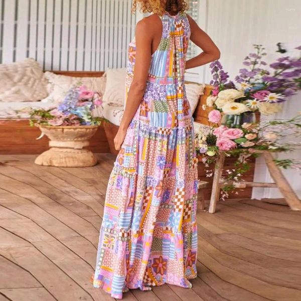 Abiti casual stampato abito lungo maxi bohémien con stampa a fiori silhouette a-line per donne shirring del collo rotondo estivo