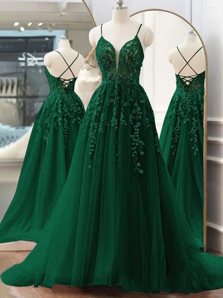 Abiti da festa in pizzo verde applique applique perline spaghetti cnocchia a vccino a lungo sweep treno di abiti da sera formali senza schienale personalizzati personalizzati