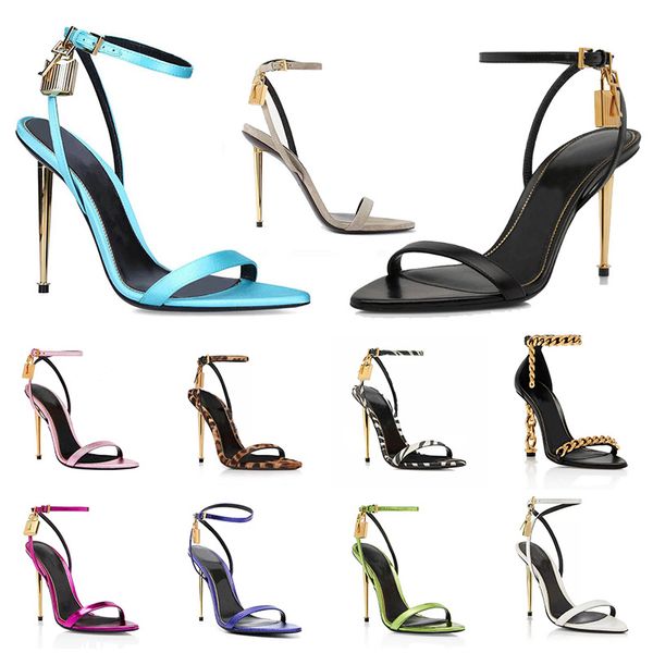 Pointy Lock Stiletto Schuhe Vorhängeschloss Tomlies Fordlies nackte Sandalen Schuhe Hardware Absatz und Key Woman Metal Women Heel Party Kleid Hochzeit flache Sandalen R9m0