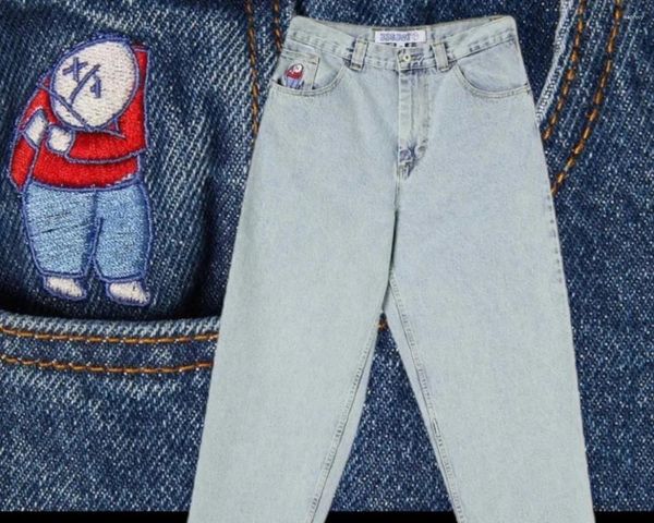 Jeans feminino Big Boy Y2K Calças hip hop Cartoon Bordado Mã