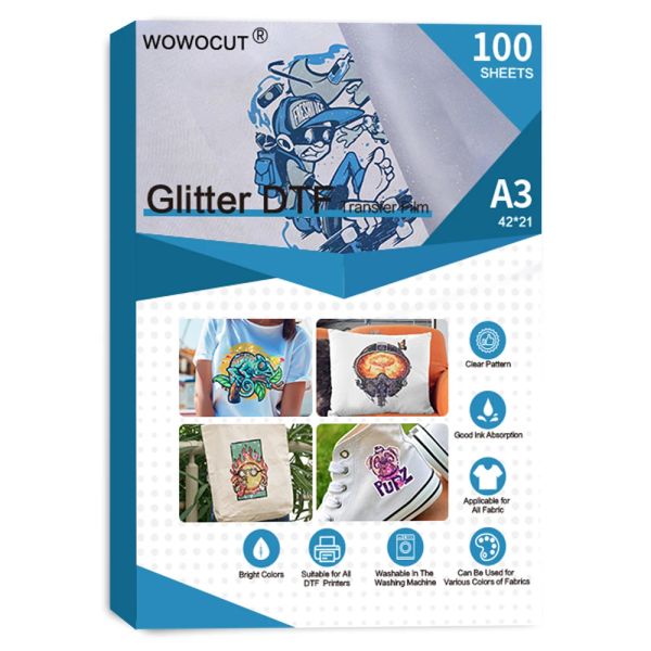 Kağıt Wowocut Glitter DTF Film A3 100 Sayfa Isı Transferi Kağıt Çifte Parlak Şerefli Açık Ön Ara DTF Film Tişörte Doğrudan Baskı için