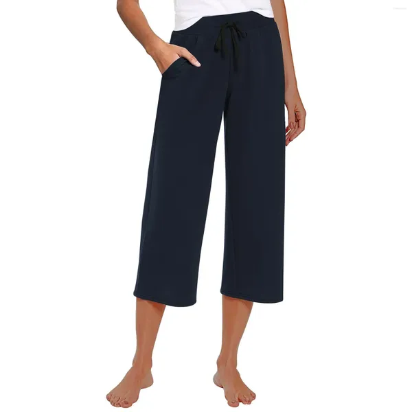 Pantaloni da donna Capri Yoga Pantaloni sportivi da allenamento con coulisse larghi Tasche causali Gamba larga al polpaccio per pantaloni femminili