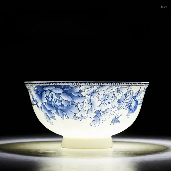 Tigelas chegadas de jingdezhen cerâmica anti -escaldante tigela alta tigela alta home multifuncional azul e branco conjunto de tableware