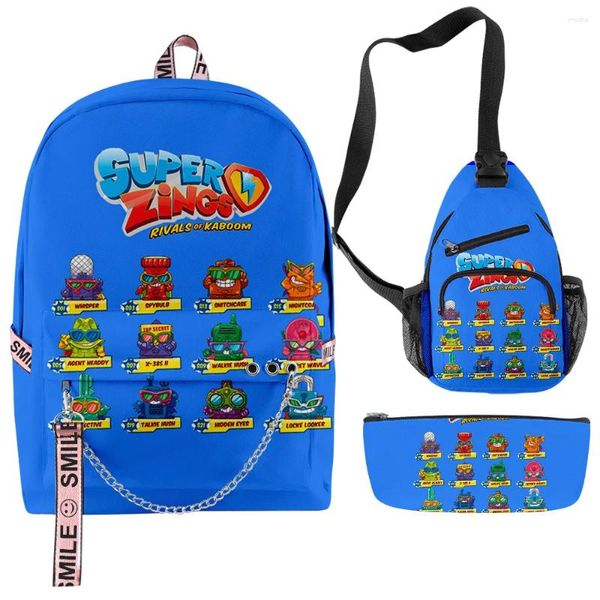 Mochila clássico criativo engraçado superzings impressão 3d 3 pçs/set estudante sacos de escola multifuncional viagem saco peito lápis caso