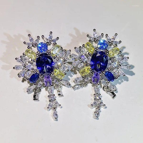 Brincos de garanhão de alta qualidade Luxo violeta azul-gemas Earings Micro embutido zircão para mulheres 925 jóias de vestido de noiva de prata