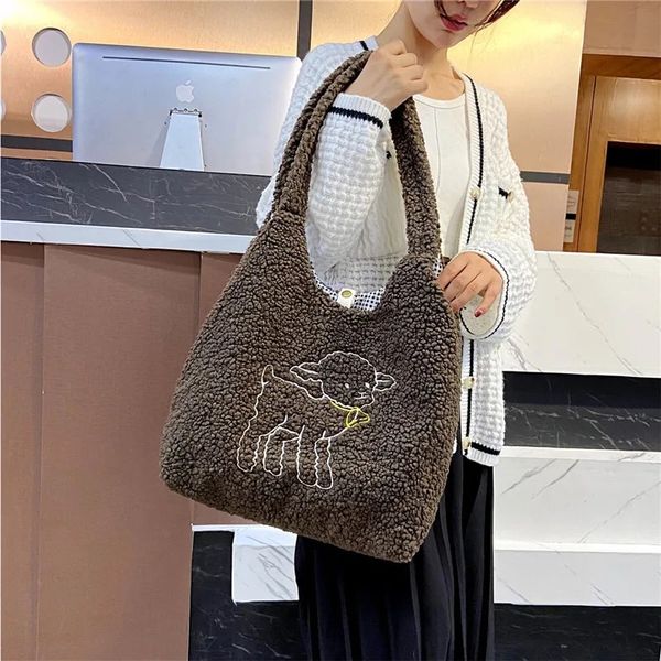 Bolsa de ombro de tecido de cordeiro novo para feminino bolsa de bolsa de grande capacidade para meninas bolsas fofas para meninas New Bolso de hombro- Para uma bolsa de compras de grande capacidade