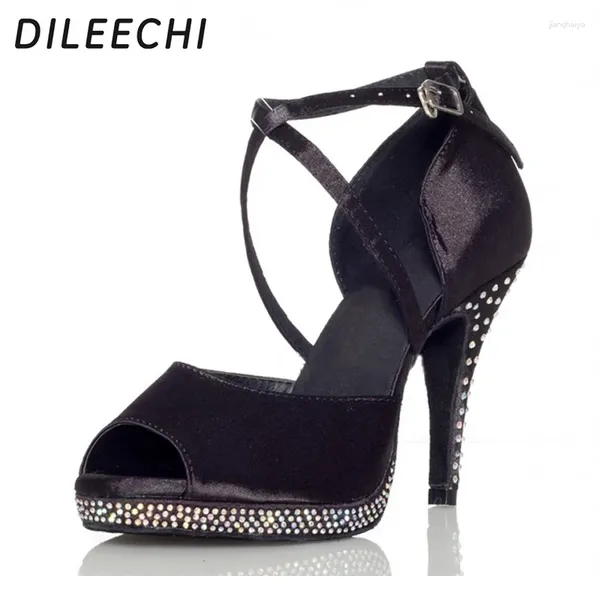 Танцевальная обувь Dileechi стразы с черными атласными женщинами Ультра -высокие каблуки 10 см латинской водонепроницаемой платформы Увеличение насосов вечеринка