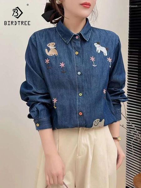 Blusas femininas primavera algodão retro camisa de jeans feminino bordado de lapela bordados menina manga longa design sensor blusa casual 2024 outono t43679qc