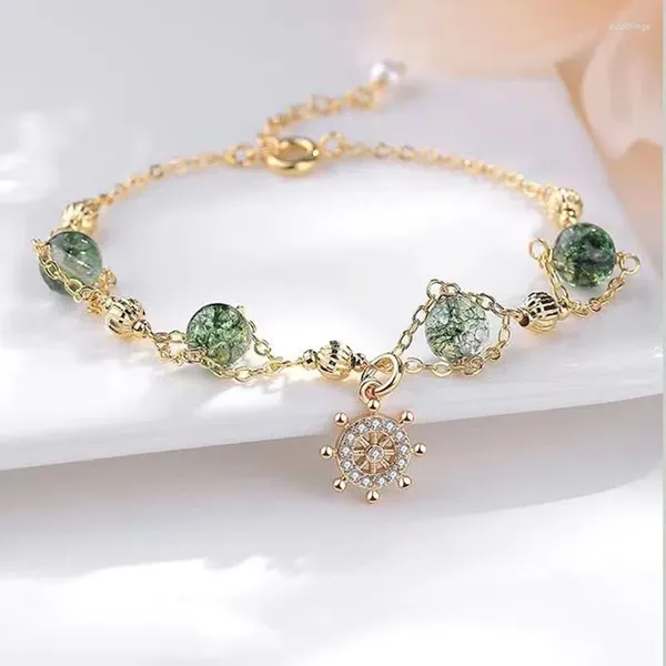 Bracelets de link Fashion Green Ship Rudder Crystal Zircon Bracelet para mulheres elásticas Ajustes de jóias de amizade ajustáveis