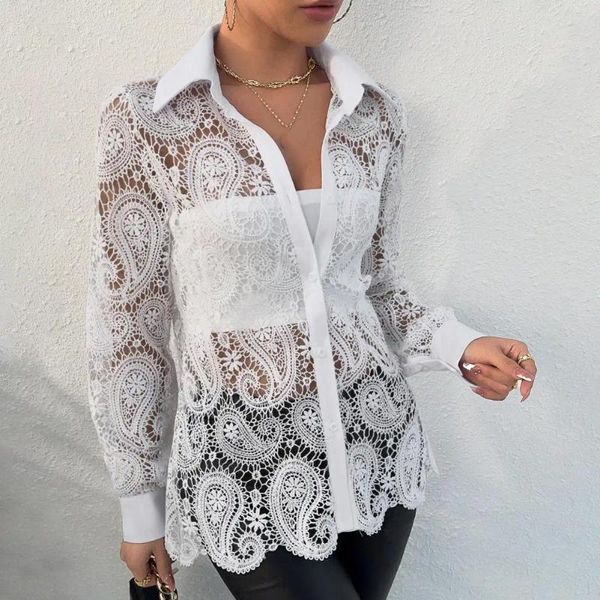 Camicette femminili sciolte in forma a V-scollo elegante camicia a cavità in pizzo con colletto a pedaggio a petto singolo lungo per una spiaggia traspirante