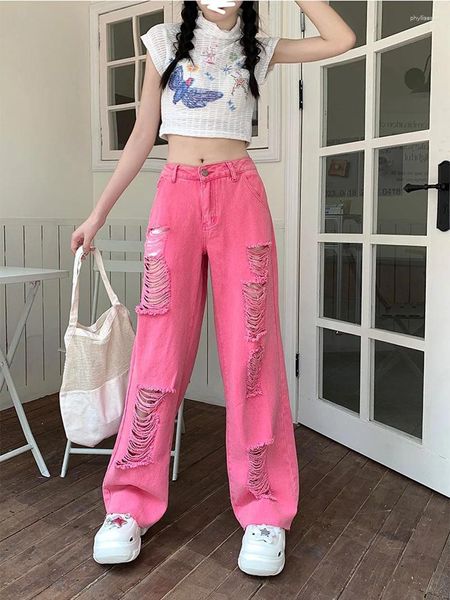 Jeans feminino estilo americano rosa rasgado y2k feminino folgado vintage cintura alta calça lisada calça de rua de streetwear cogra de jeans de jeans