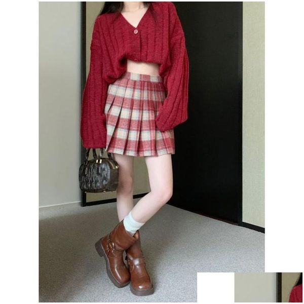 Saias de outono e inverno Chave High Slimming A-Line Plaid Pleated Wind Wind Woit Skirt Women 210521 Drop Delivery Appa dhxcs