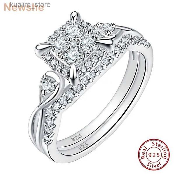 Cluster -Ringe Newshe Exklusive Braut -Set für Frauen 2 PCs Solid 925 Sterling Silber Eheringe Halo Round Cut Clustered 5A CZ Fein Schmuck L240402