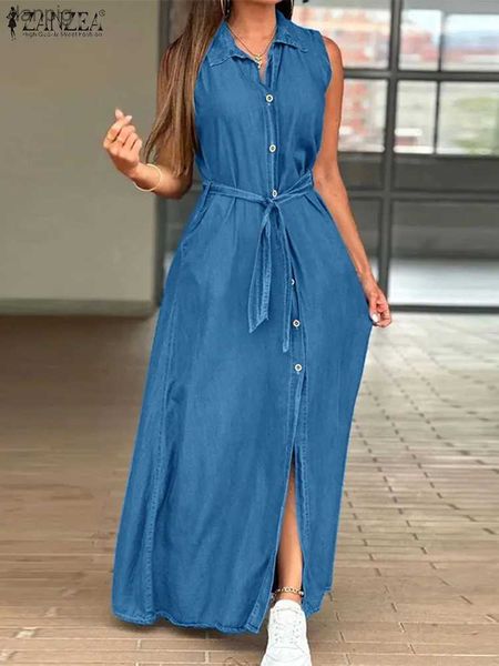 Vestidos sexy urbanos de tamanho feminino de jeans de jeans longa zanzea casual svelesrn colar de colarinho inferior maxi vestido de botão moda up up y240402