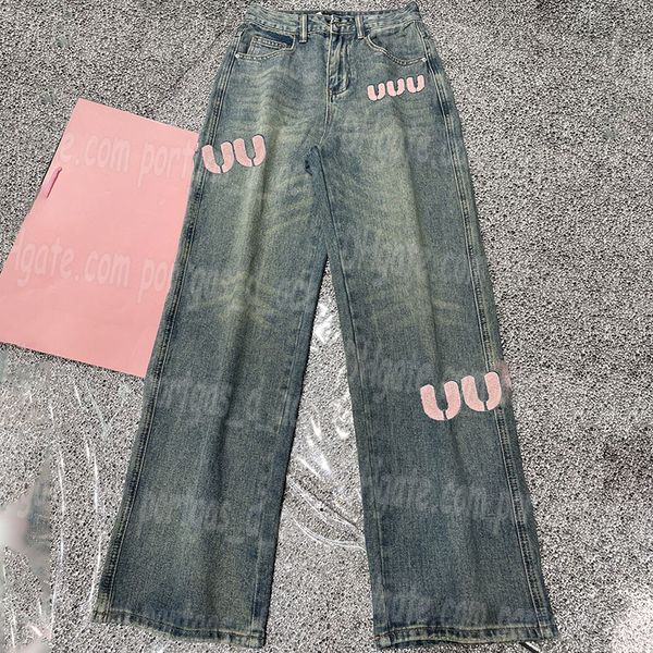 Pembe harfler kadın kot pantolon günlük mavi denim pantolon lüks tasarımcı kadın sokak tarzı jean pantolon