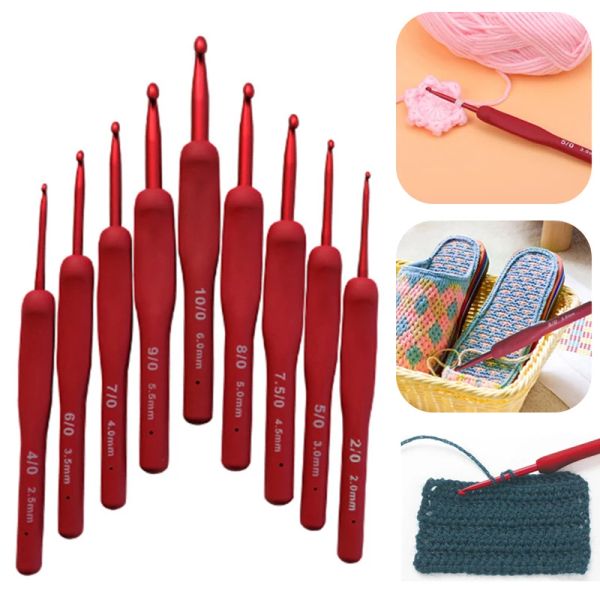 Rote Häkelhaken Nadel Silikongriff Aluminium Häkelnadel Set Stricknadeln DIY Pullover Gewebe -Nähwerkswerkzeug