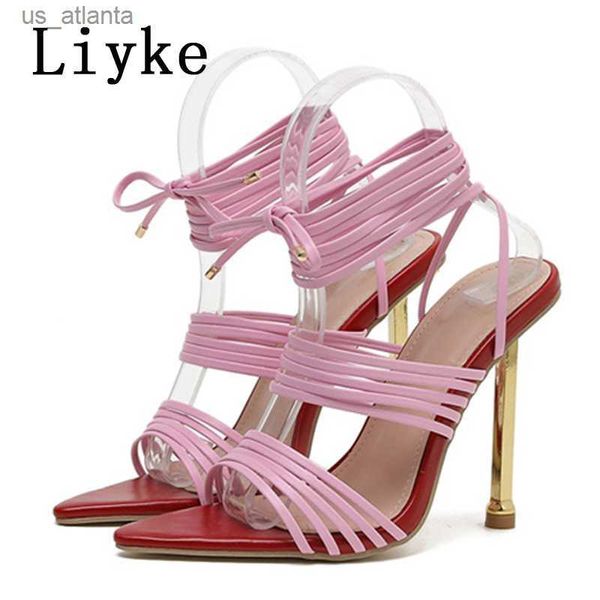 Kleidungsschuhe Liyke Größe 35-42 Rotblau dünne High Heels Sandalen für Frauen Sommer fashionspunkte Zehen Schlangendruck Schnürung weibliche Pumpen H240403enjh