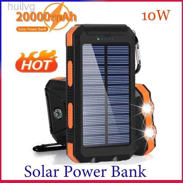 Mobiltelefon -Strombanken Neue 200000 -mAh Solar Power Bank Outdoor Tragbares Ladegerät Powerbank wasserdichte externe Batterie Dual USB -Ladung mit LED -Licht 2443